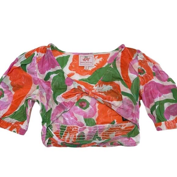 Banjanan‎ Shirt Womens Small Orange Pink Green Aurora Cutout Blouse Top Cotton - Picture 3 of 10